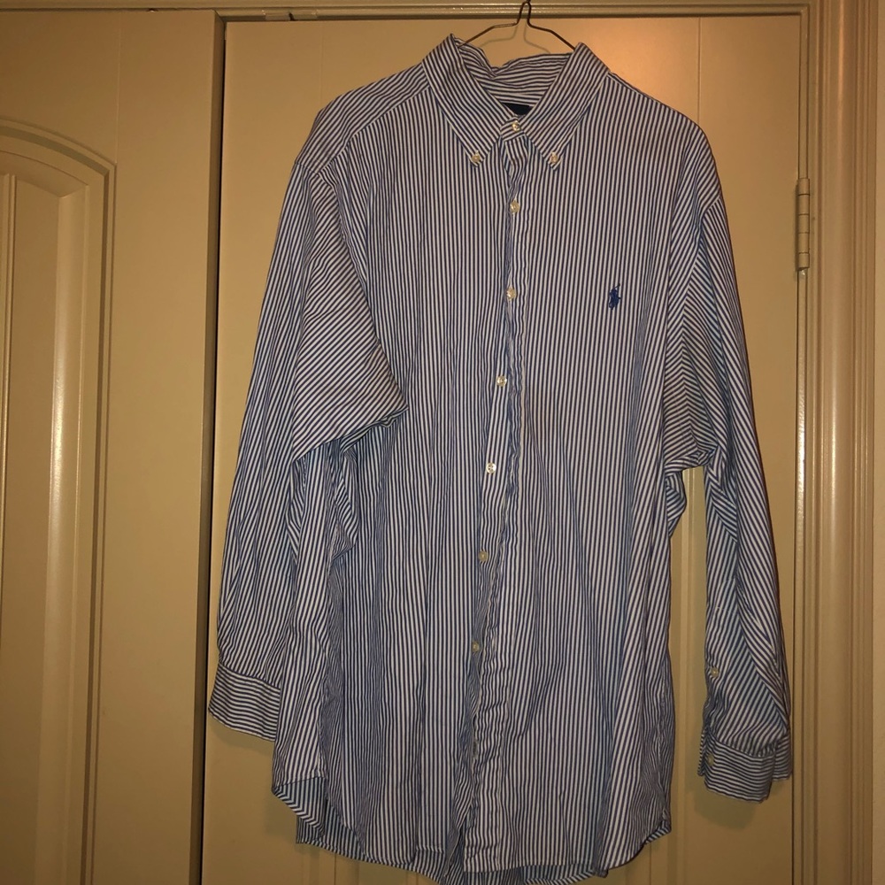 Blue and white striped button down shirt